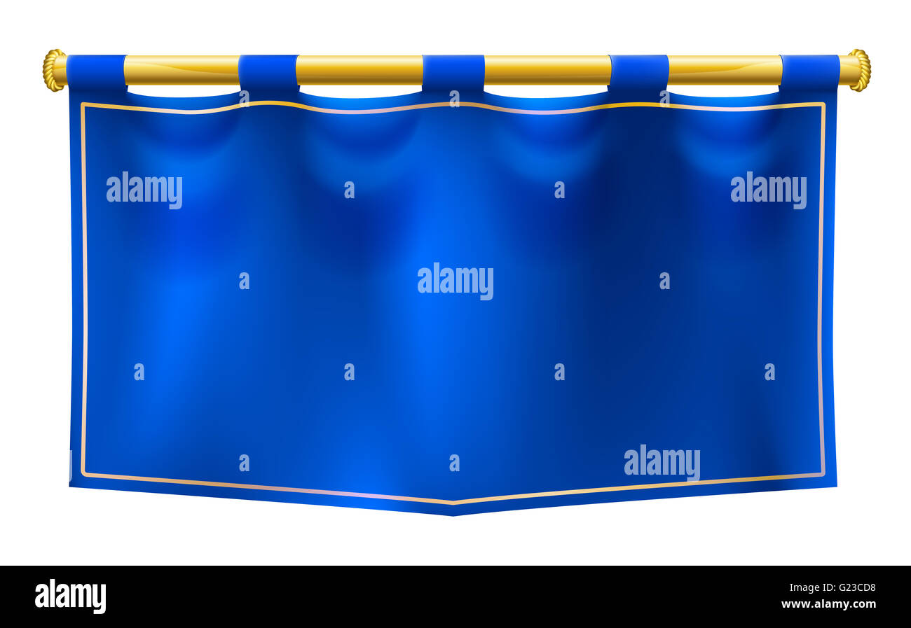 Eine blaue mittelalterlichen Stil Banner Fahne aufgehängt an einem gold Mast Stockfoto