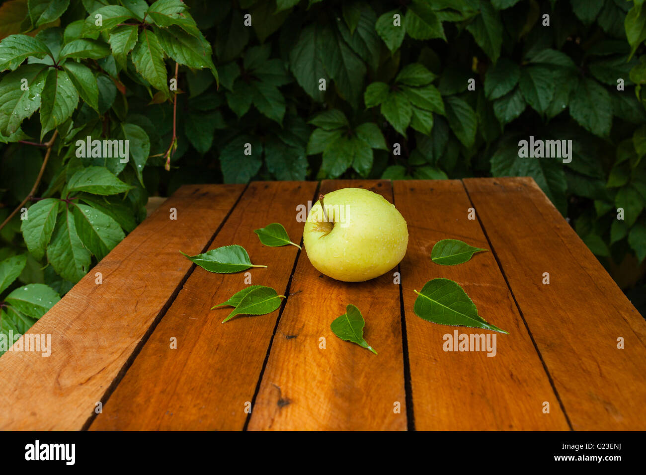 gelber Apfel und Wassertropfen auf einem Holztisch und gefallene Herbstlaub Stockfoto