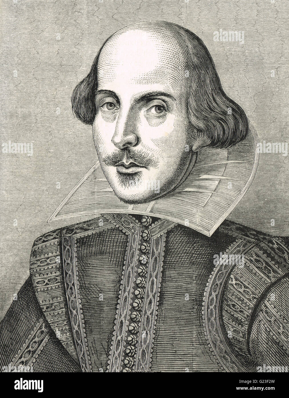 William Shakespeare, Der Barde von Avon, 1564-1616. Eingraviertem Muster nach dem Porträt von Martin Droeshout zum ersten Folio 1623 veröffentlicht. Stockfoto