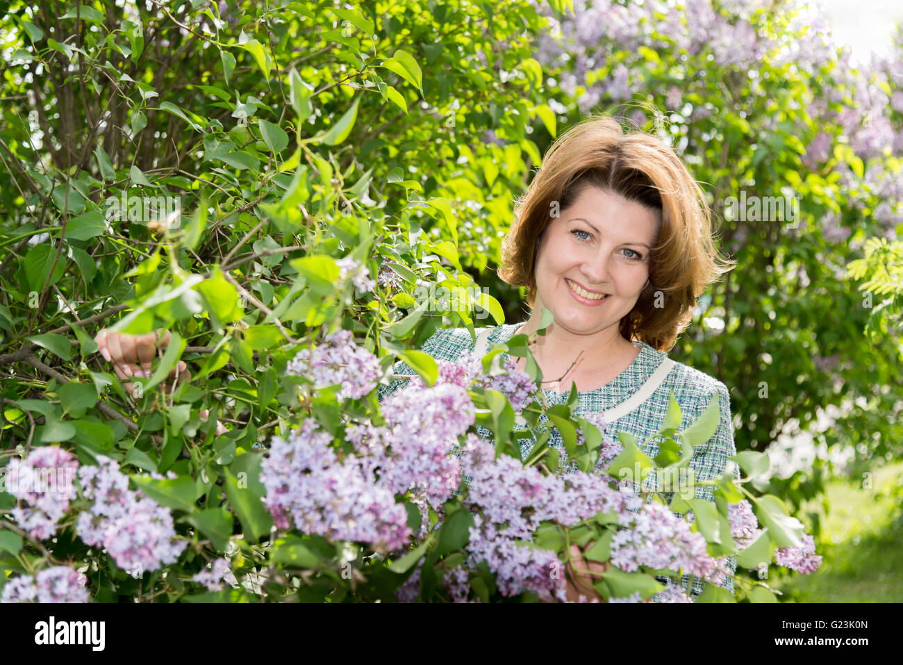 Erwachsene Frau im Park in der Nähe der blühenden Flieder Stockfoto