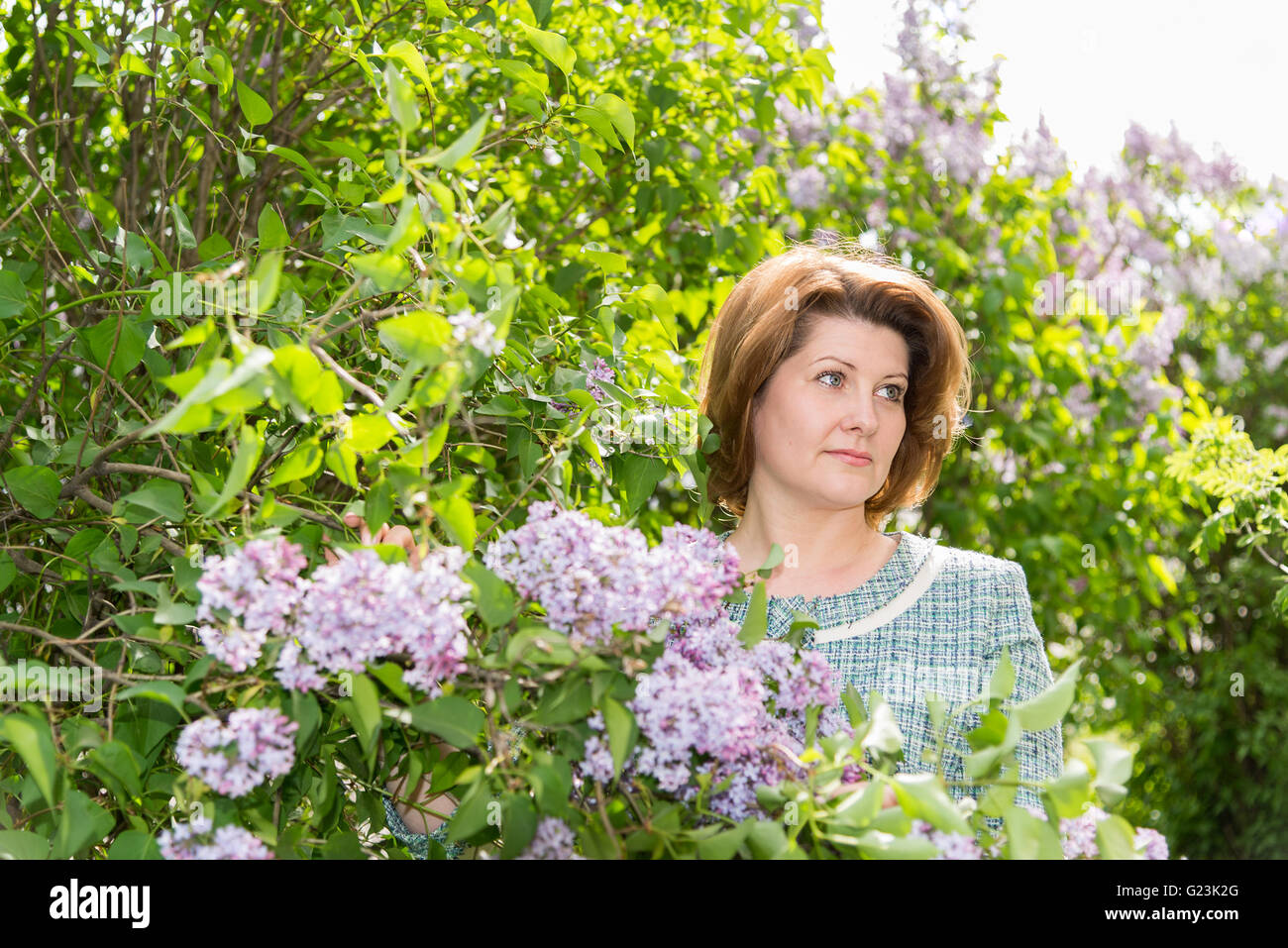 Erwachsene Frau im Park in der Nähe der blühenden Flieder Stockfoto