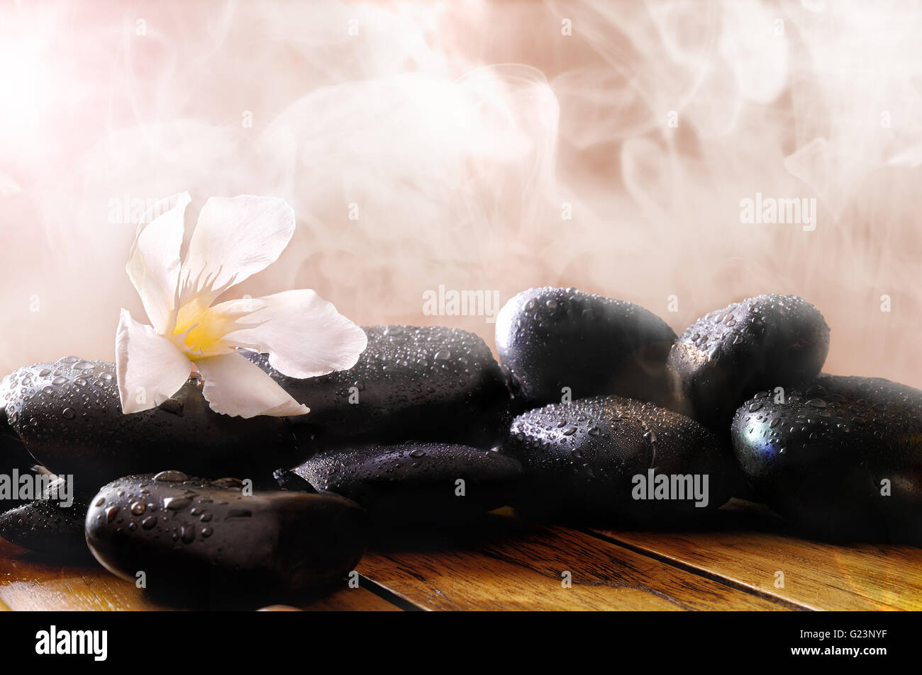 Gruppe von schwarzen Steinen auf Holz-Basis, Dampf-Hintergrund. Sauna, Therapie, Entspannung und Gesundheit Konzept. Stockfoto