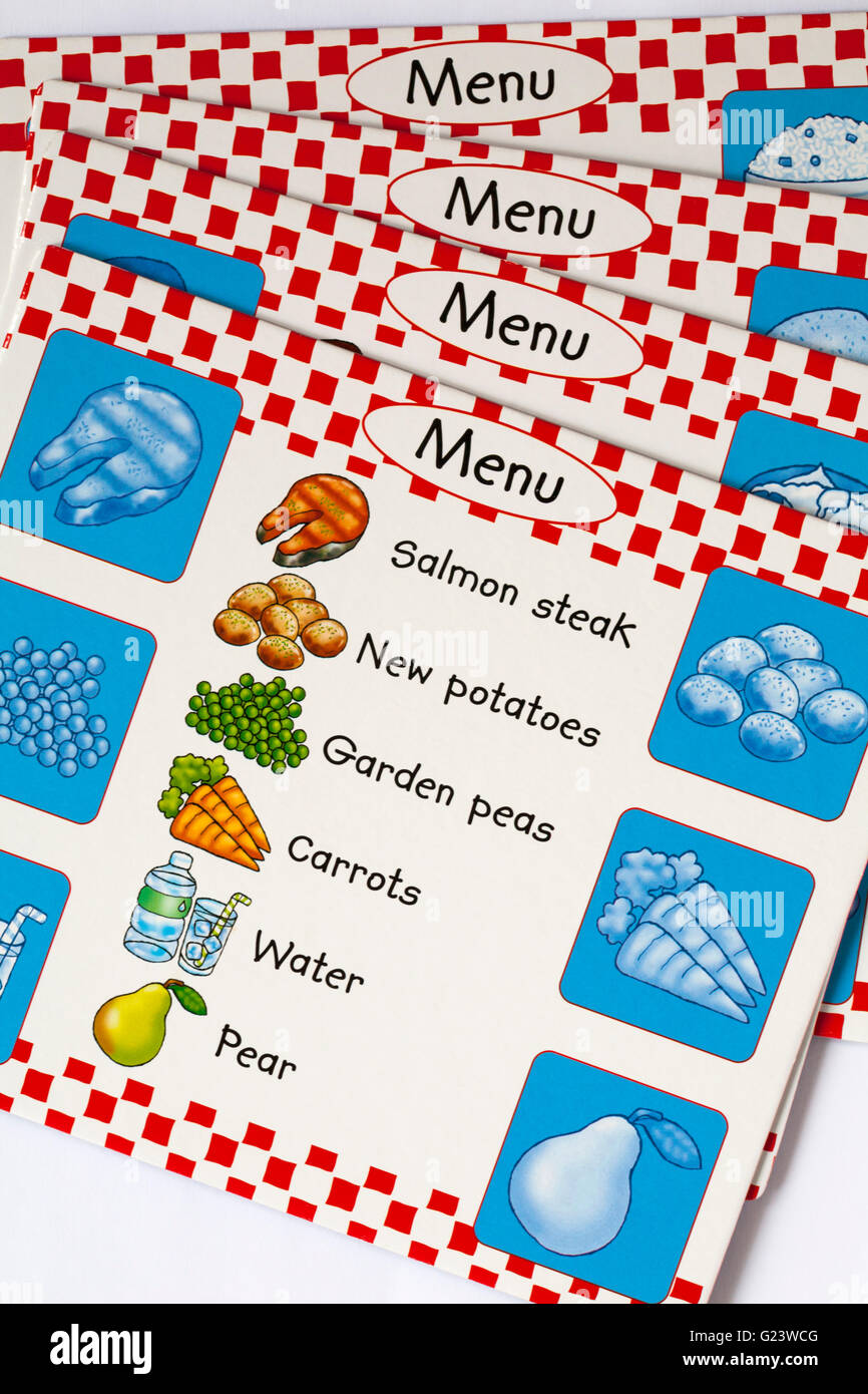 Menü Karten gesunde Ernährung - Teil von gierigen Gorilla game-feed Junk Food mit dem Gorilla, während Sie eine gesunde Mahlzeit machen Stockfoto