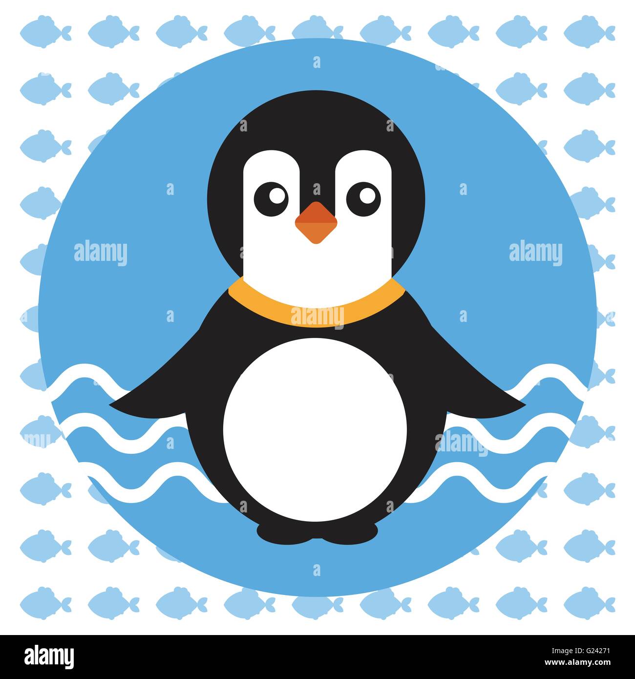 Abstrakte Darstellung mit einem Baby-Pinguin auf blauem Wasser mit Wellen in einer runden blauen Rahmen über einen weißen Hintergrund mit Fisch. Di Stock Vektor