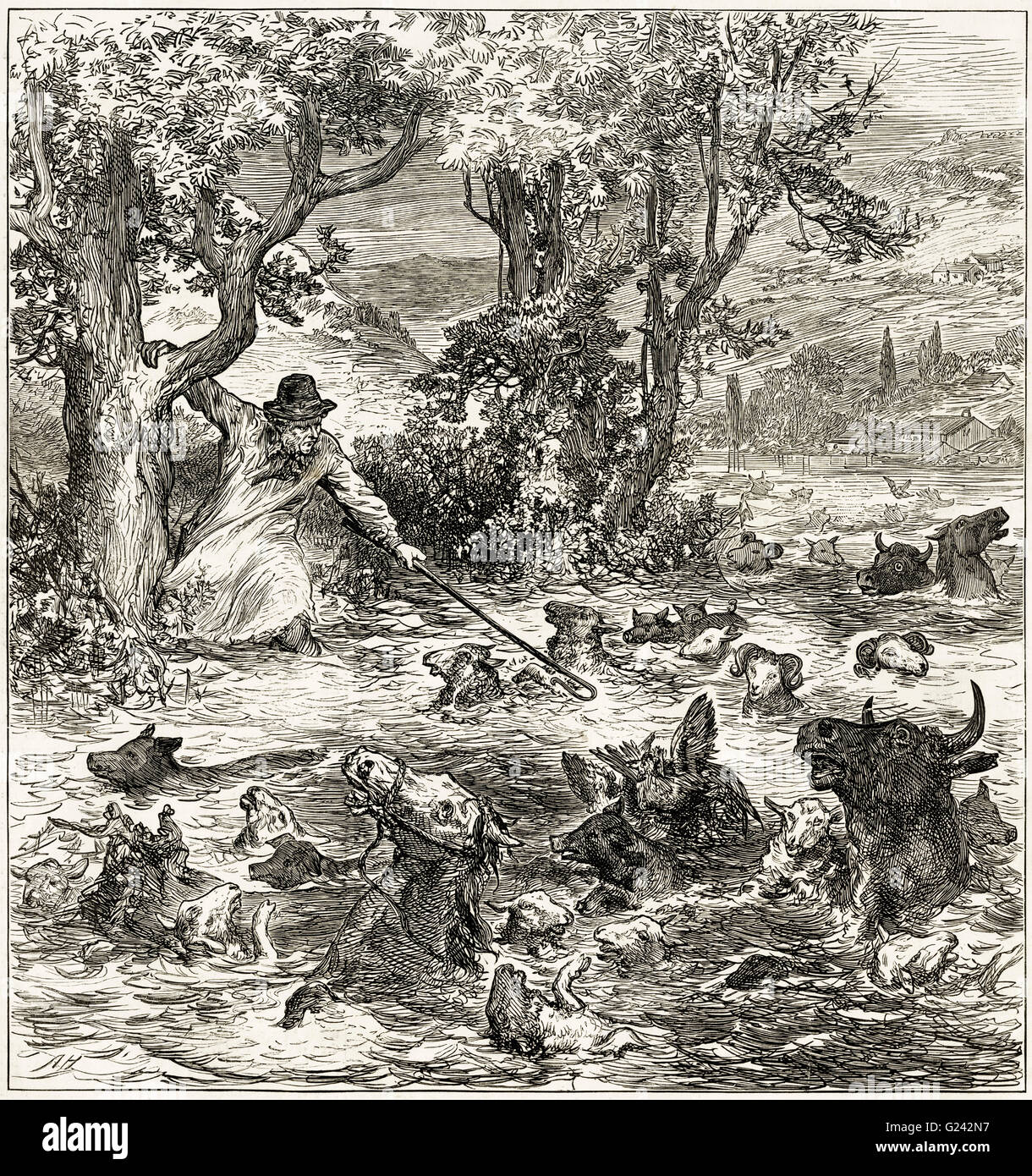 Landwirt, Vieh von Überschwemmungen in der Nähe von Cardiff South Wales Juli 1875 zu retten versucht. Viktorianische Holzschnitt Gravur datiert 1875 Stockfoto