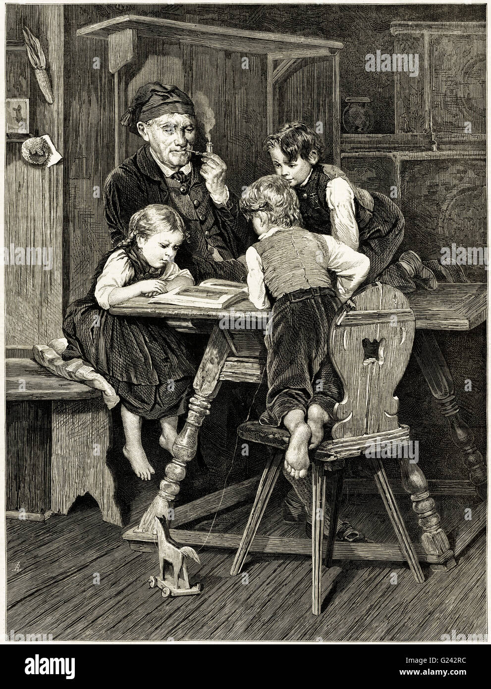 Das Bilderbuch aus einem Gemälde von E. Kurzbauer. Viktorianische Holzschnitt Gravur datiert 1875 Stockfoto