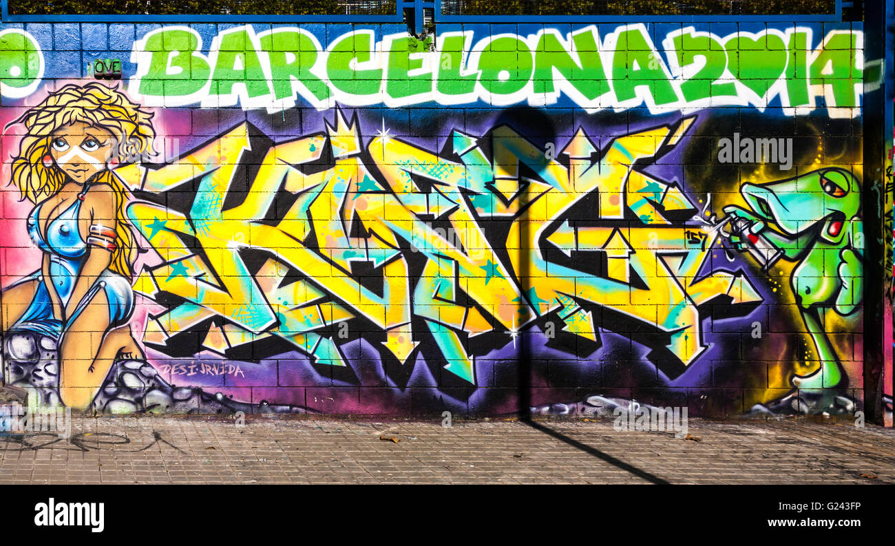 Wandbild Graffiti gesprüht an einer Wand, Barcelona, Katalonien, Spanien. Stockfoto