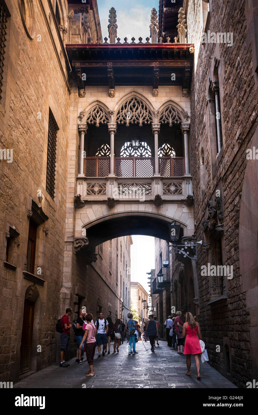 Neugotische Brücke von Joan Rubia über die Carrer del Bisbe im gotischen Viertel, Barcelona, Katalonien, Spanien. Stockfoto