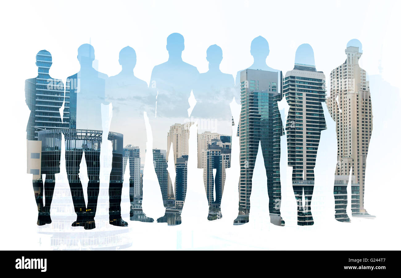 Business-Menschen-Silhouetten über Stadt Hintergrund Stockfoto
