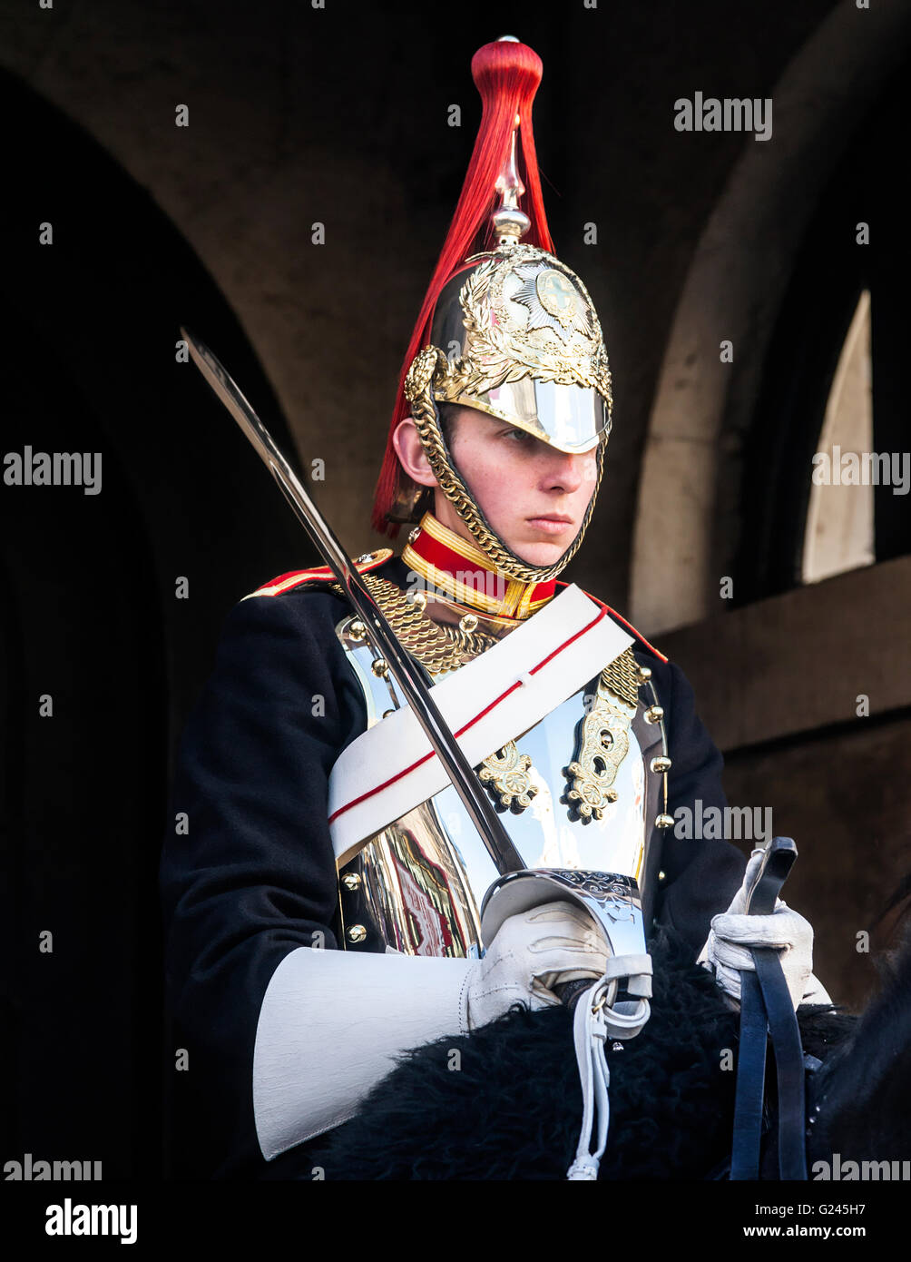 Montierten Blues and Royals Household Cavalry Trooper, Horseguards Parade, London, England. Stockfoto
