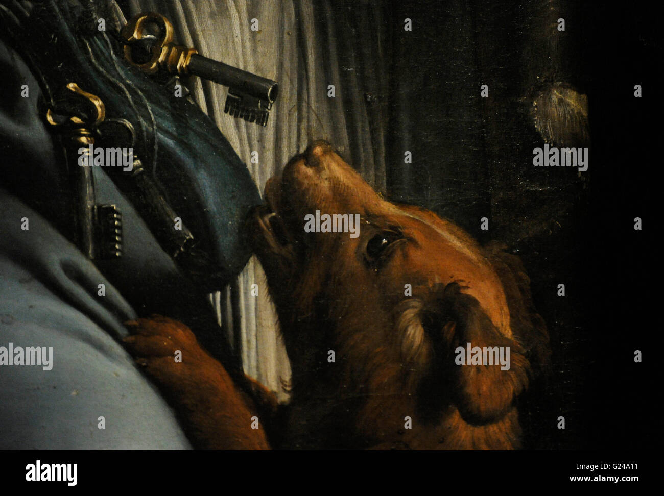 Giulio Romano (1499-1546). Italienischer Maler und Architekt. Römische Schule. Liebe Szene (Liebespaar), 1524-1525. Detail. Hund. Öl auf Leinwand. Die Eremitage. Sankt Petersburg. Russland. Stockfoto