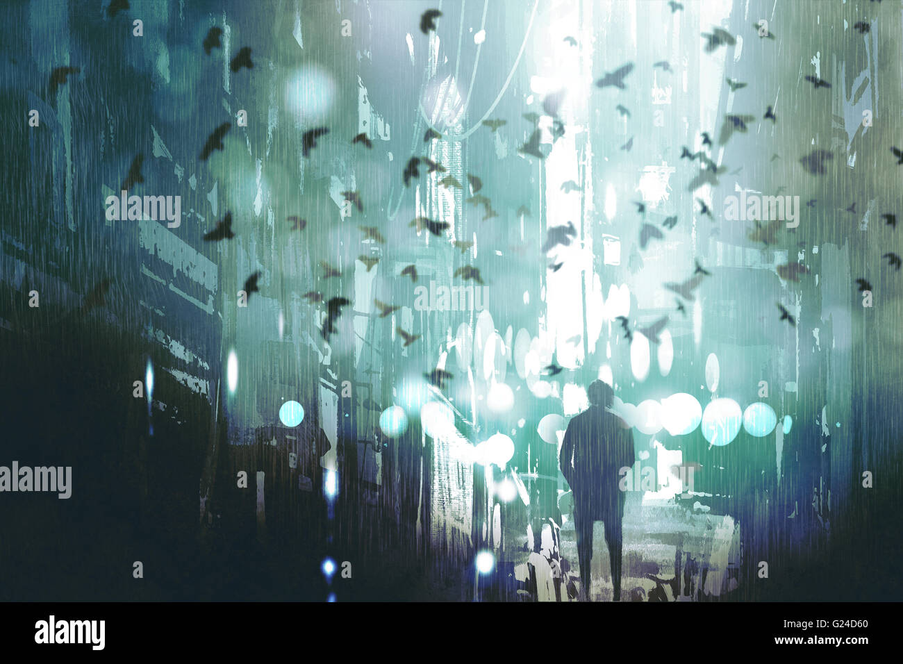Mann zu Fuß in verlassenen Stadt Gasse mit Vogelschwarm, Illustration, Malerei Stockfoto