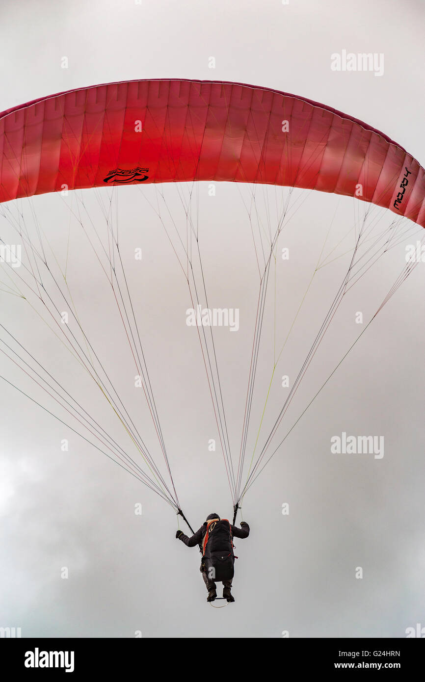 Piloten fliegen Gleitschirm an Parlick Pike, Ribble Valley, Lancashire, England Stockfoto