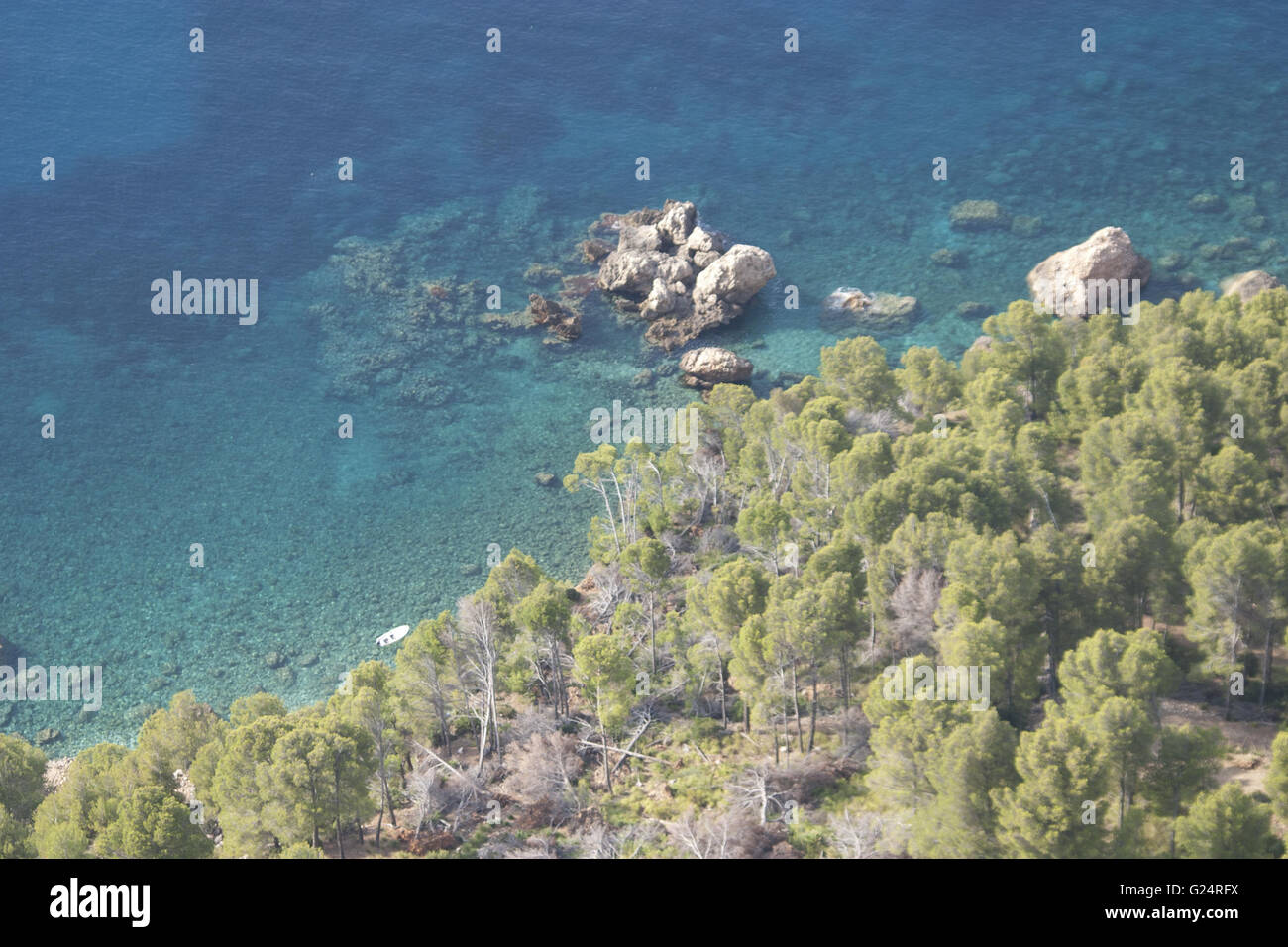 ein schönes Bild von der transparenten kristallklarem Meer, mit Vegetation, Palma De Mallorca, Spanien, Strand, Tourismus Stockfoto