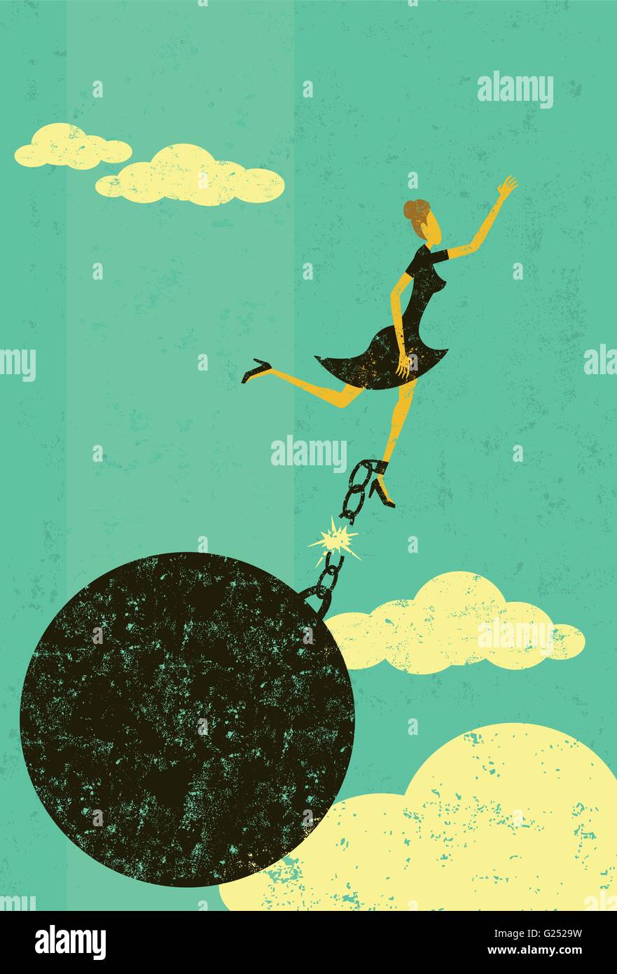 Ausbrechen aus der Fußfessel A Geschäftsfrau ihre Fußfessel zu entkommen. Stock Vektor
