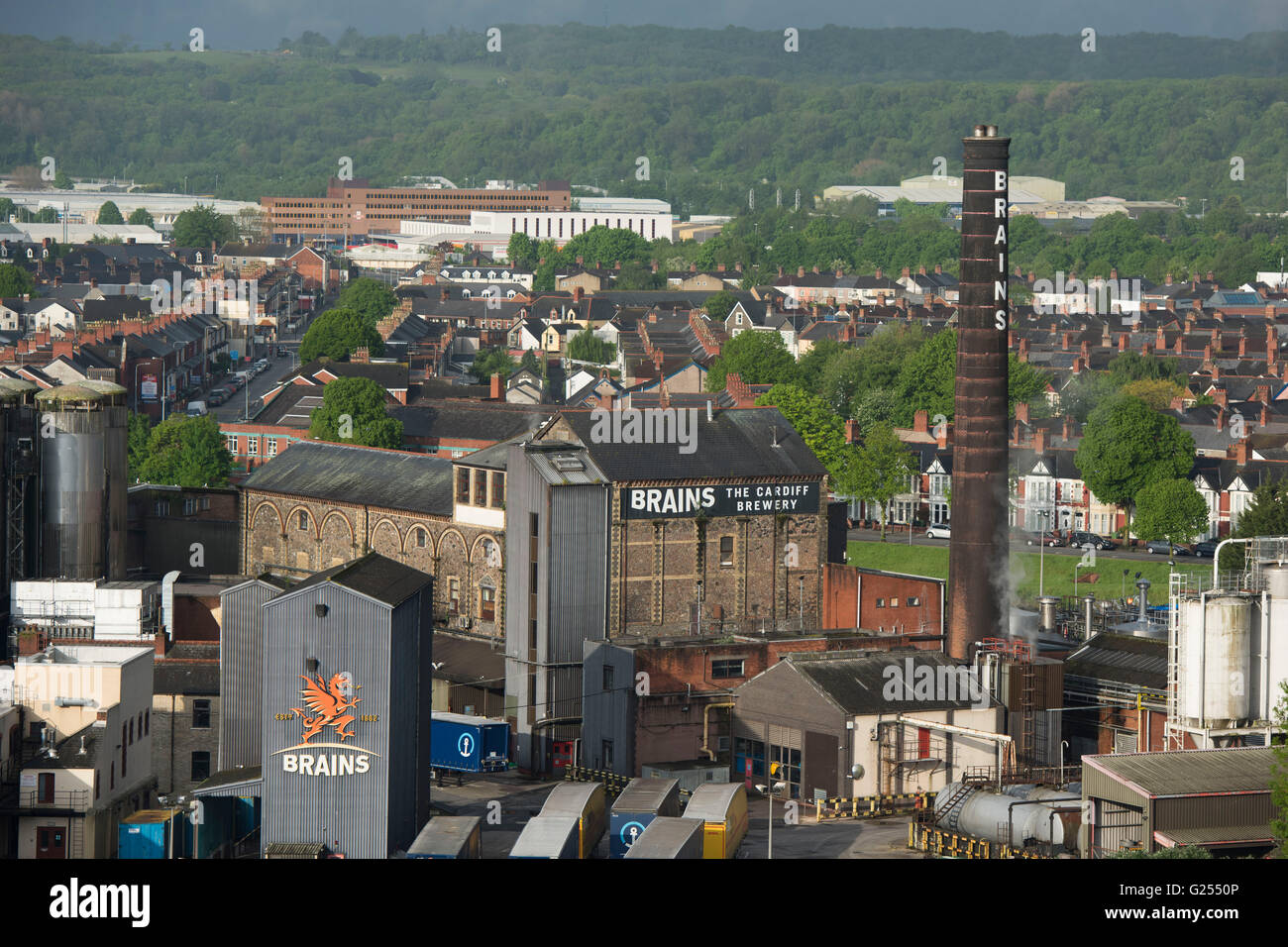 Luftaufnahme der Gehirn-Brauerei in Cardiff, Südwales Stockfoto