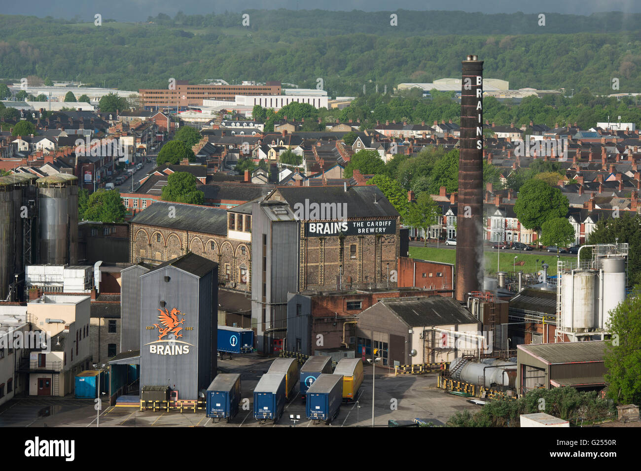 Luftaufnahme der Gehirn-Brauerei in Cardiff, Südwales Stockfoto