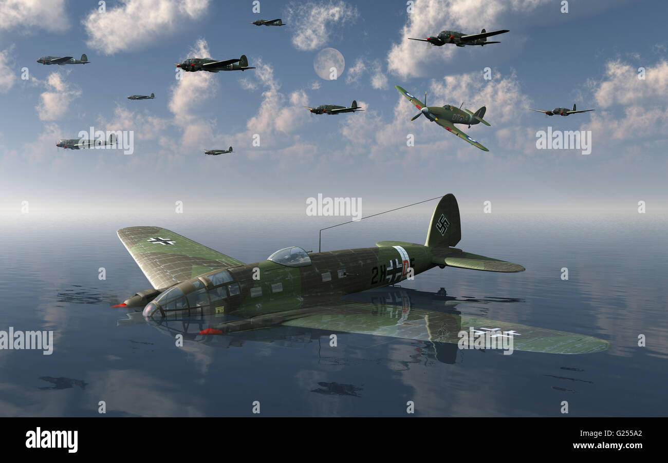 Eine Heinkel He 111 Bomber abgeschossen über dem Ärmelkanal, während "The Battle Of Britain" Stockfoto