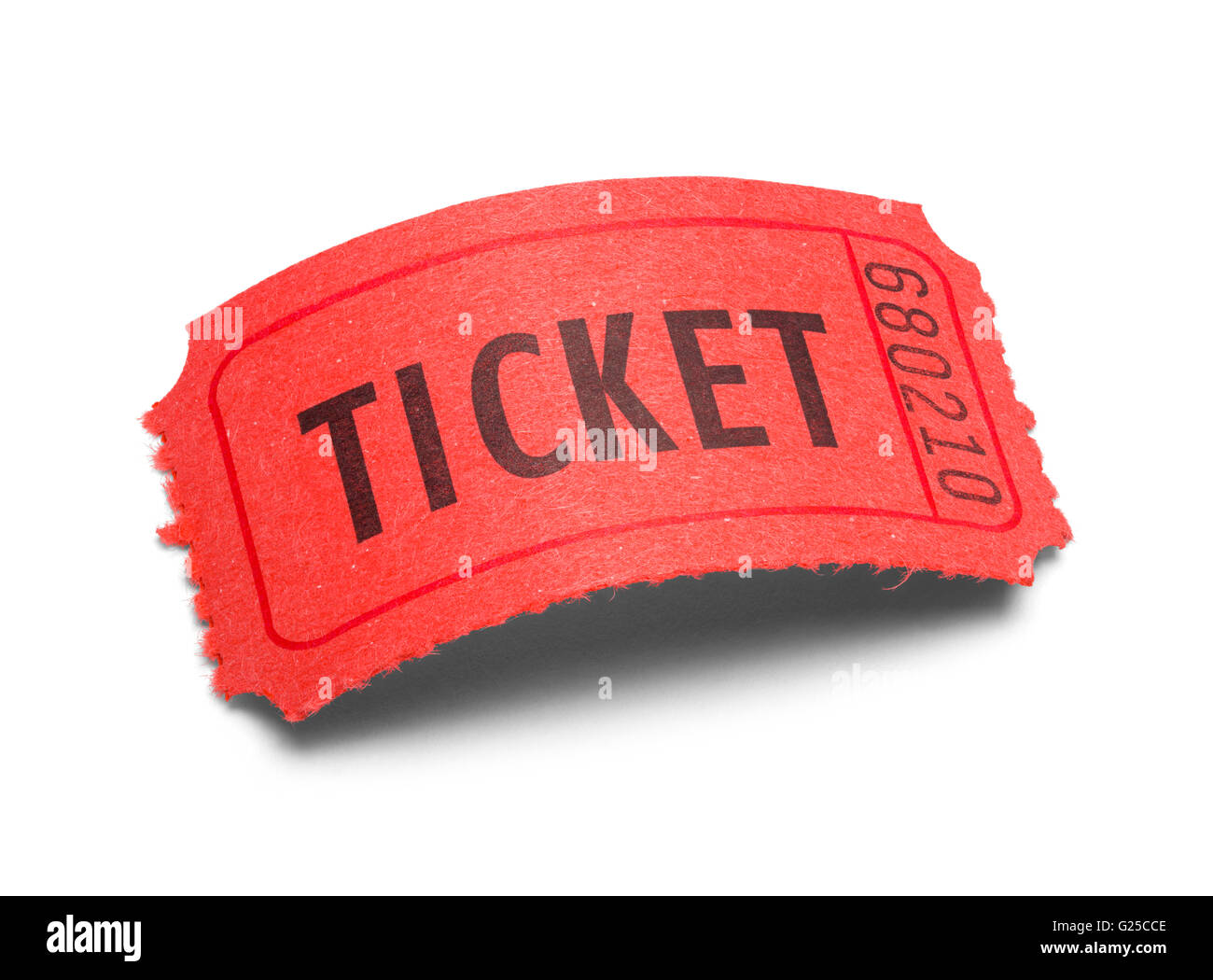 Einzelne rote Ticket mit einem geschwungenen Bogen, Isolated on White Background. Stockfoto