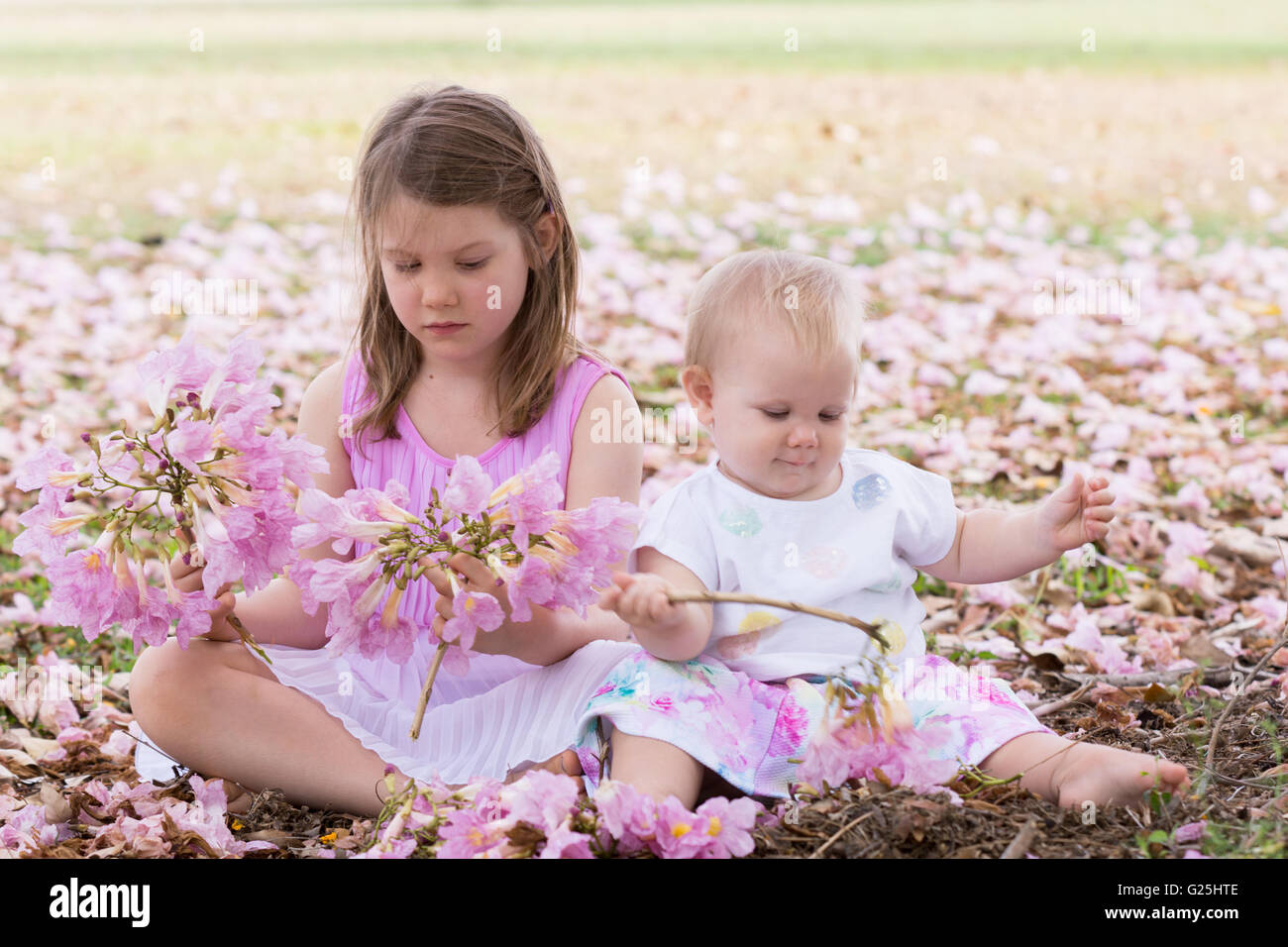 Zwei junge Mädchen mit Blumen im Park spielen Stockfoto