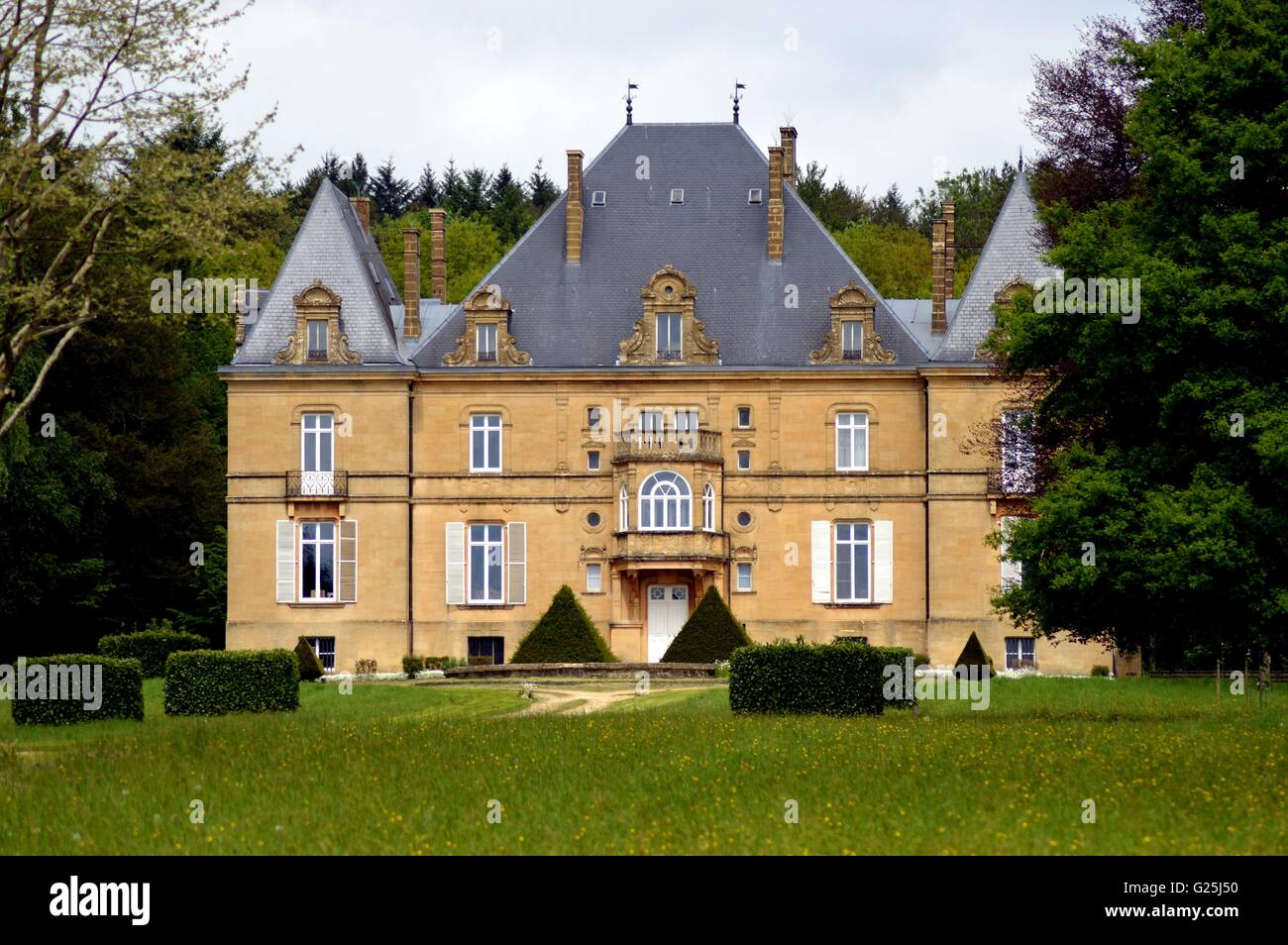 Ehemalige Burg im Wald mit einem Weg von Bäumen und eine große Liegewiese. Stockfoto