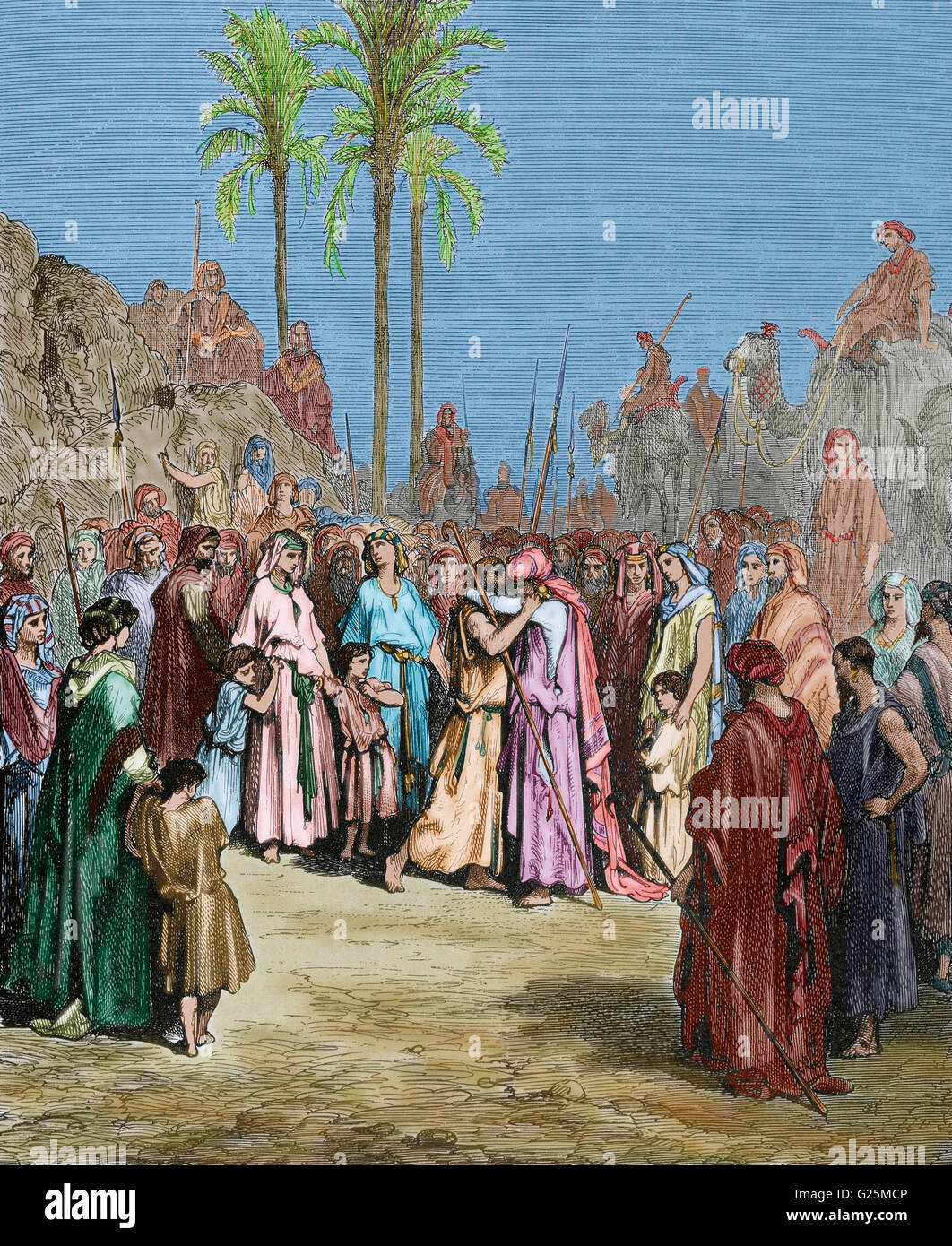 Buch der Genesis. Versöhnung zwischen Jakob und Esau. Stich von Gustave Dore (1832-1883). Farbige. Stockfoto