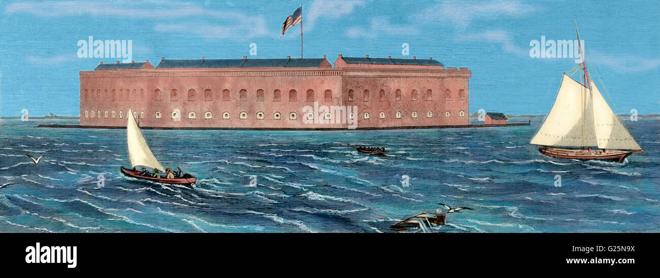 Vereinigte Staaten von Amerika. Amerikanischer Bürgerkrieg (1861-1865).  Fort Sumter in Charleston Bucht. Gravur. Farbige. Stockfoto