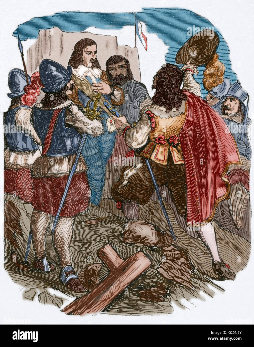 Armand Charles De La Porte, Duc De La Meilleraye (1632-1713). Französischer general, Grand Master und Kapitän-General der Artillerie. Der General erhält den Marschallstab. Gravur. des 19. Jahrhunderts. Farbige. Stockfoto