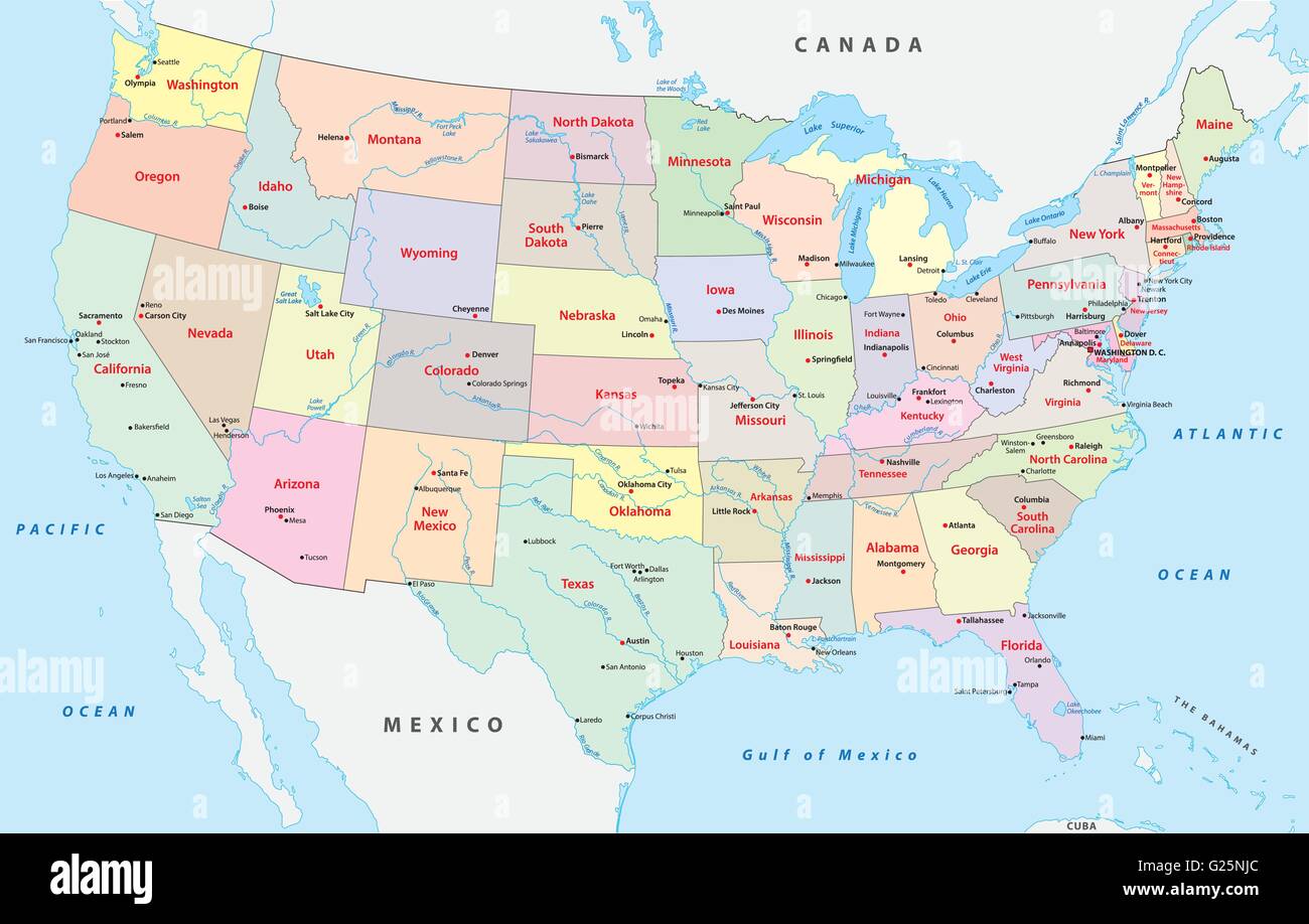 farbige administrative und politische Karte von Vereinigte Staaten von Amerika Stock Vektor