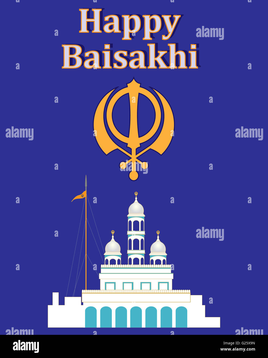 ein Beispiel für eine Grußkarte feiert das Sikh Festival von Baisakhi mit einem weißen Gurdwara und ein Chakra-symbol Stockfoto