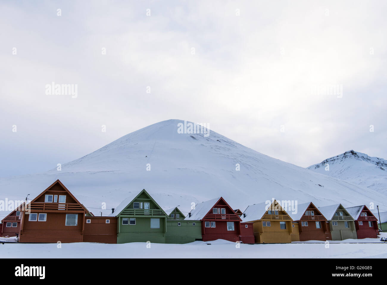 Häuser Longyearbyen in Winter, Svalbard, Spitzbergen, Norwegen Stockfoto