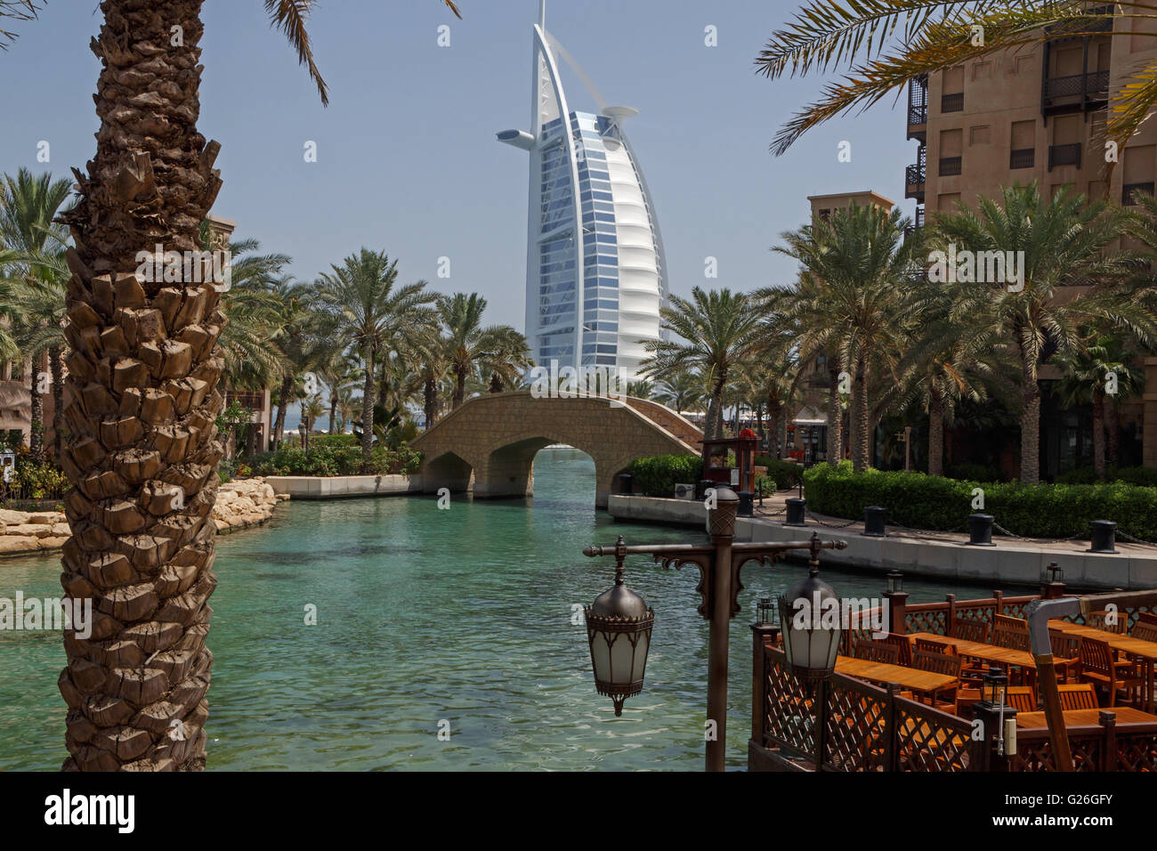 Blick auf Burj Al Arab vom Souk Madinat Dubai Stockfoto