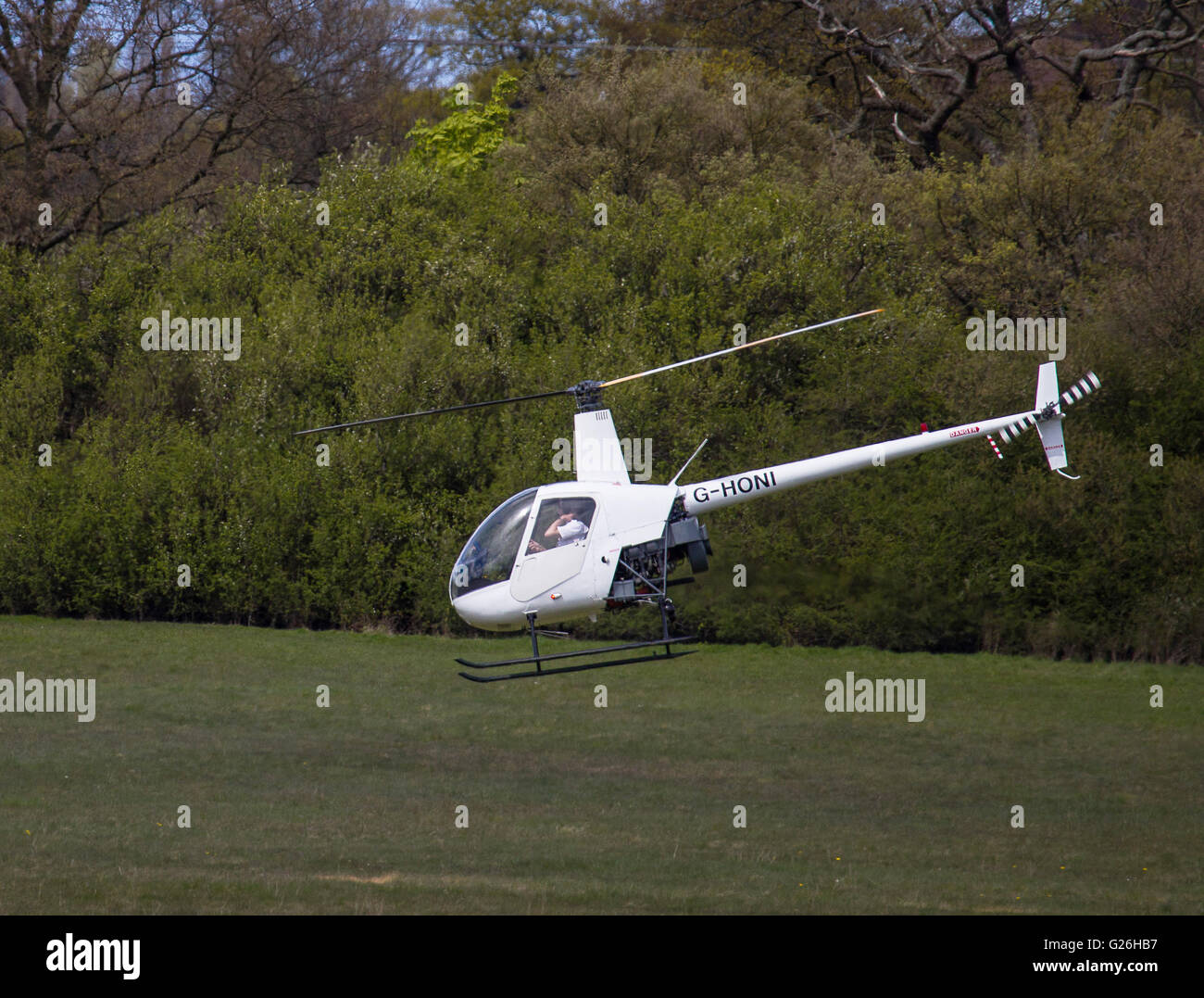 Ein Zweisitzer Robinson R22 Helikopterfliegerei, G-HONI, niedrig, sehr nahe dem Boden Elstree Airfield in Hertfordshire, Großbritannien Stockfoto