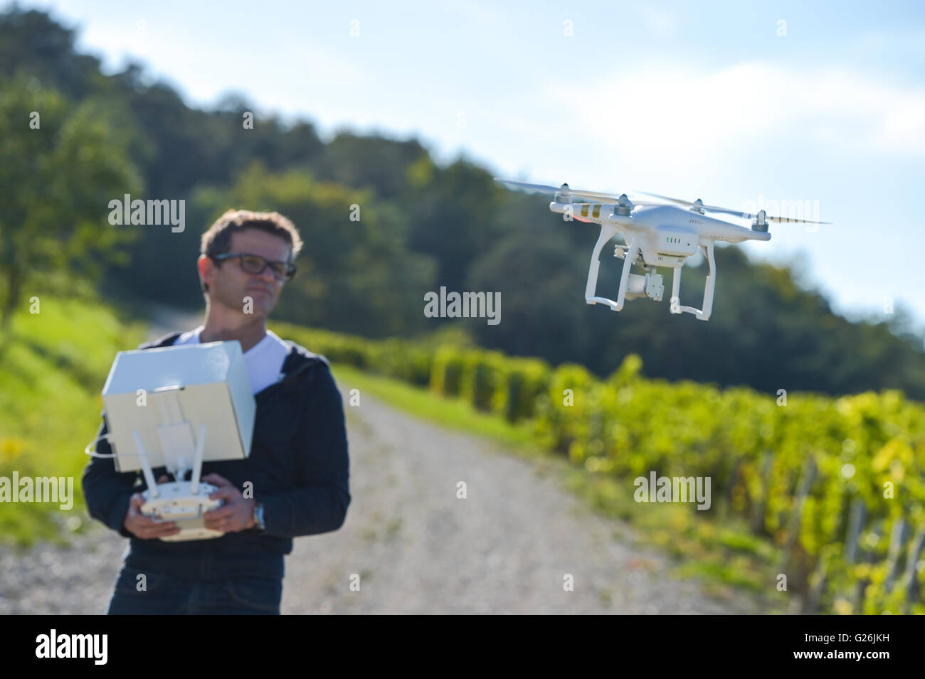 Drohne im Weinberg, Mann, Champagne, Frankreich Stockfoto