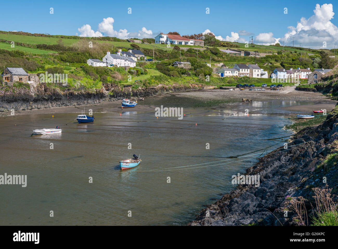 Strand bei Abercastle auf der Küste von Pembrokeshire Coast National Park, West Wales. Blick zurück auf die Abercastle aus Pembrokeshire Coast Path. Stockfoto