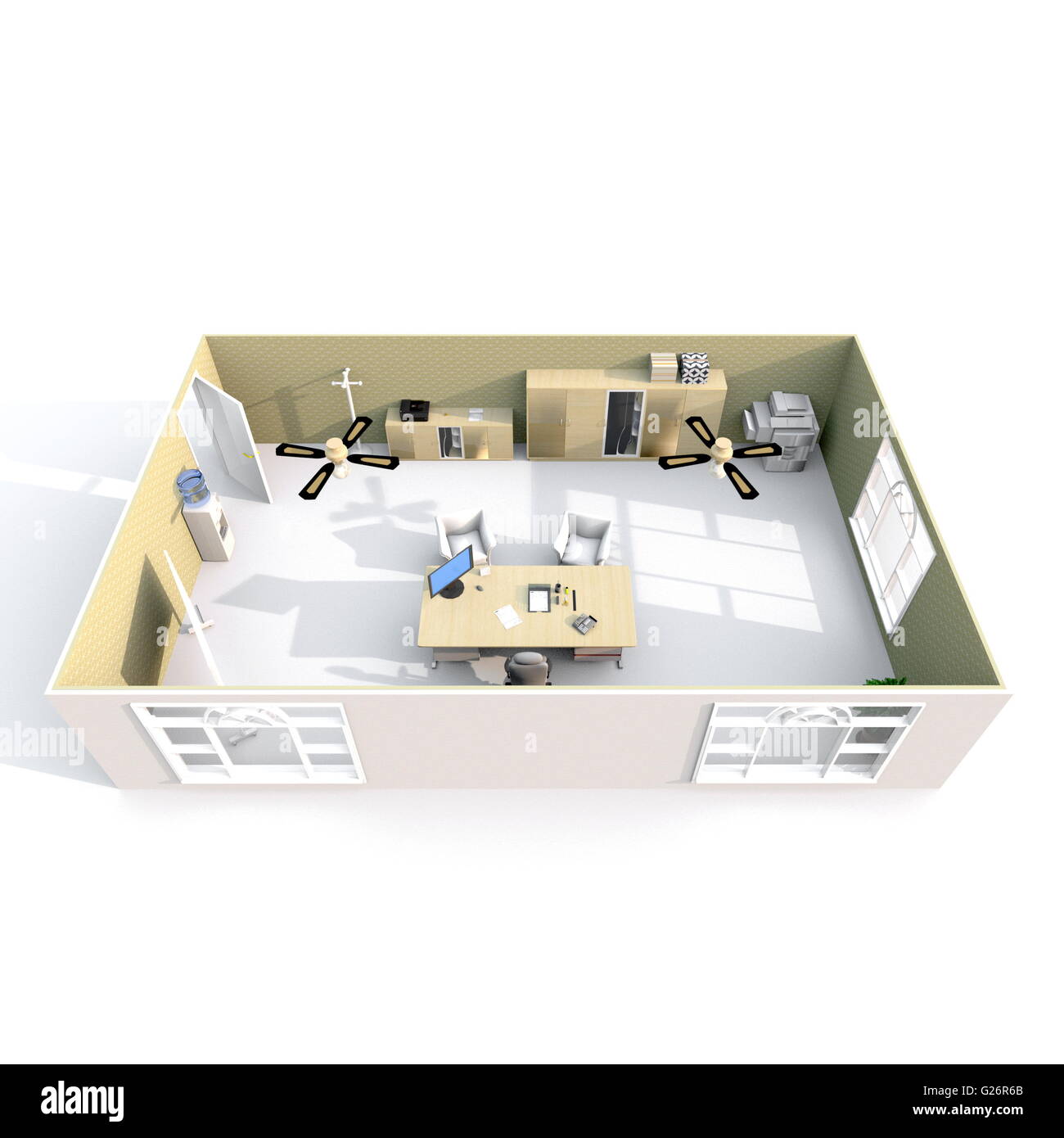 3D rendering Schrägansicht von möblierten Chef Büro mit braunen Wänden Interieur Stockfoto