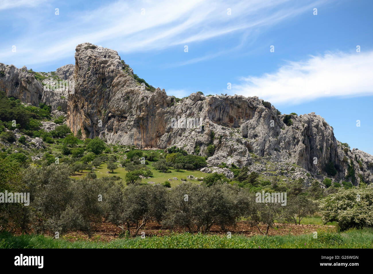 Sierra de Camarolos, bekannt für Klettern, Andalusien, Südspanien. Stockfoto