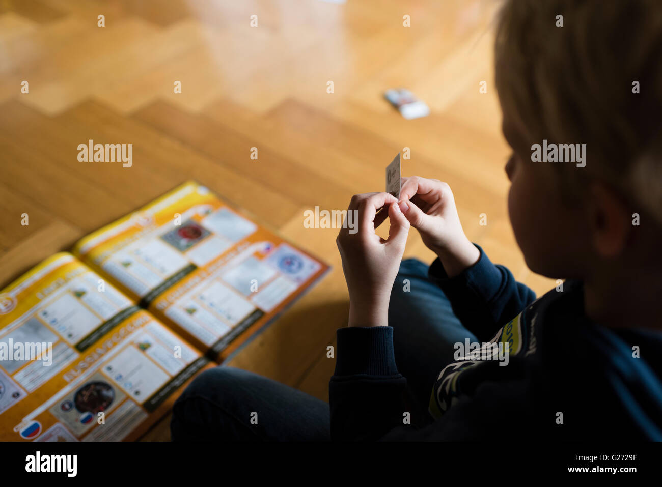 Ein 8 Jahre alter Junge ist Fußball-Sammelkarten in seinem Aufkleber Sammlung Sammelalbum einfügen. Stockfoto