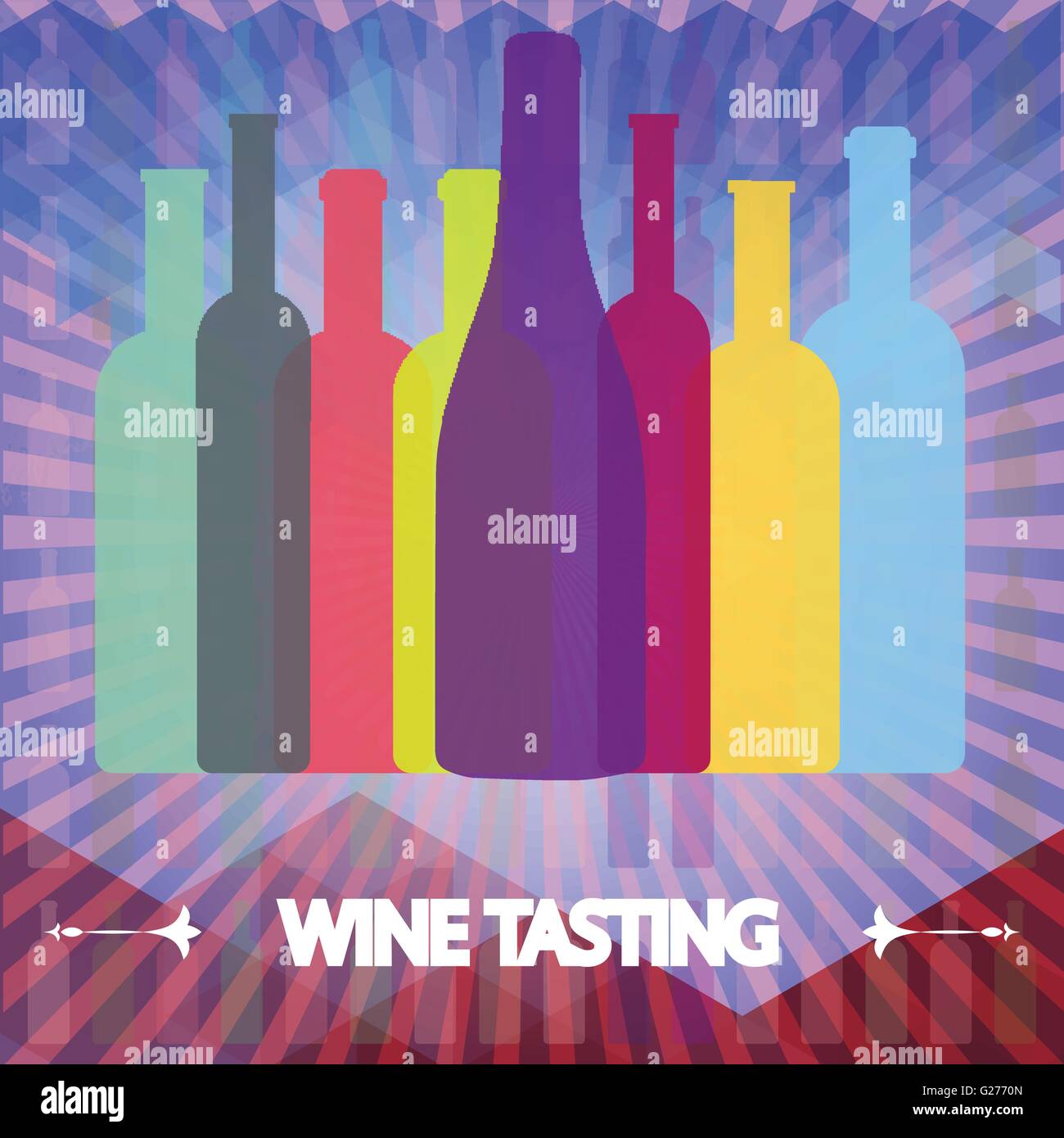 Wein Verkostung Karte, farbigen Flaschen über Wasser Farbe Hintergrund mit Linien. Digitale Vektorgrafik. Stock Vektor