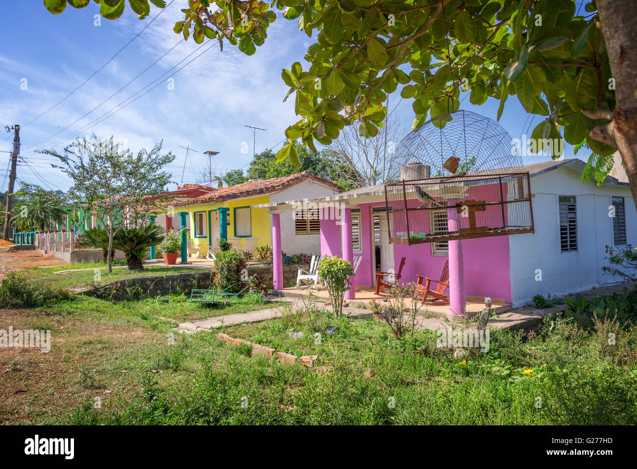 Vogelkäfig und bunten Häusern in Vinales, Kuba Stockfoto