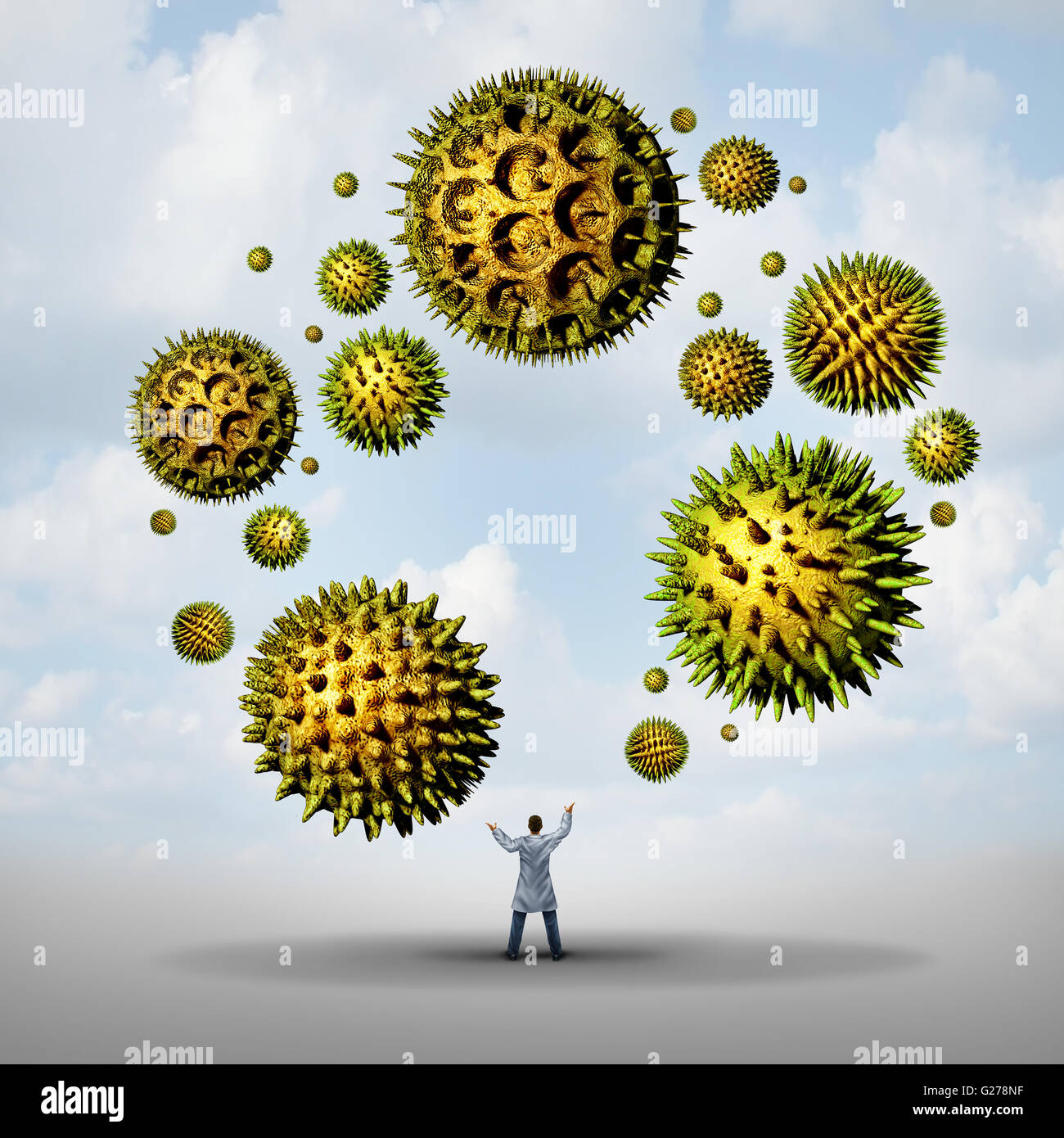 Pollen Allergie Behandlungskonzept als eine Gruppe von mikroskopischen Bio Bestäubung Partikel werden von einem Arzt als blühende Pflanzen fliegen in der Luft als ein Symbol des Gesundheitswesens 3D-Illustration jonglierte. Stockfoto