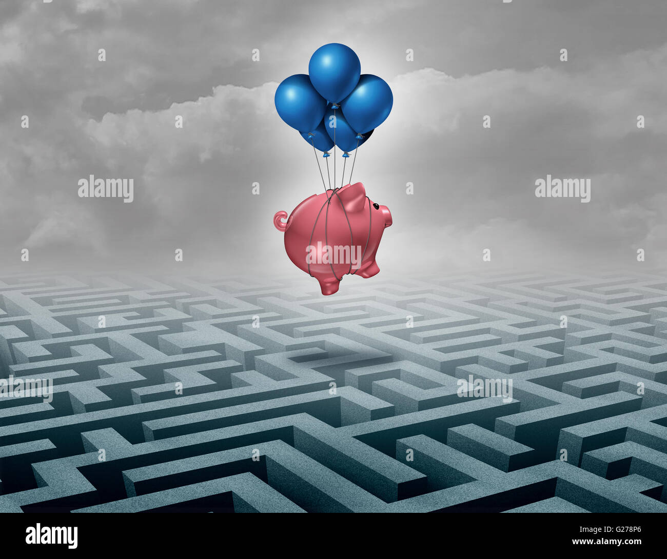 Finanzielle Einsparungen unterstützen Konzept als eine Finanzierungslösung für die Führung mit einem Sparschwein oder Sparschwein über ein Labyrinth als Business Motivation Metapher des innovativen Denkens für Geld Erfolg als 3D Illustration zu fliegen. Stockfoto