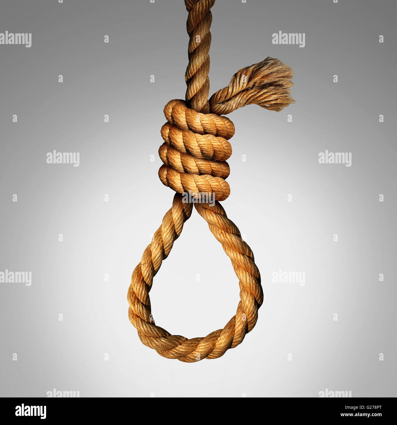 Selbstmord-Schlinge-Konzept als ein Seil in einem Lasso Slipknot als Symbol für Tod oder Gerechtigkeit Strafe oder Ausführung oder als eine Psychologie Stockfoto