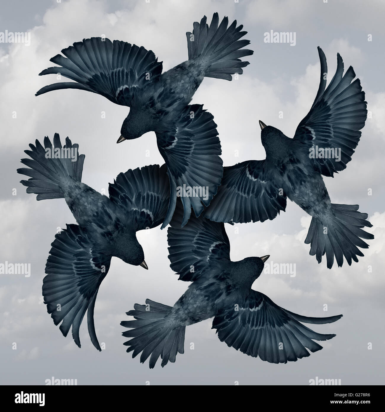 Familie Kreissymbol als eine Gruppe von koordinierte und organisierte Fliegenvögel zusammenfügen Flügel als Metapher für die Freundschaft und Unterstützung als ein Foto realistische Illustration Vertrauen. Stockfoto