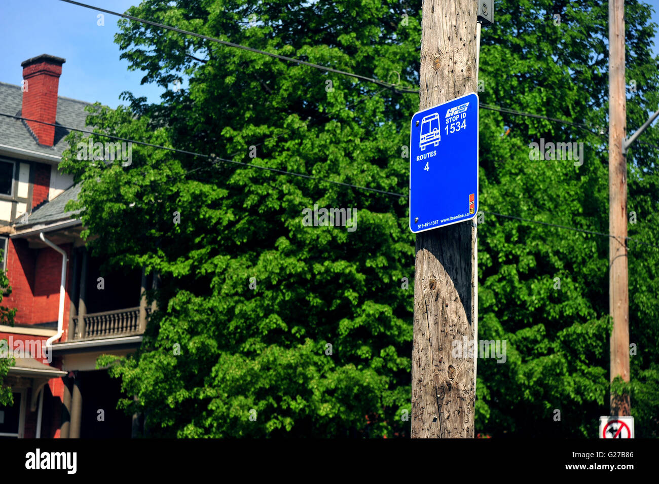 Ein blauer Bus Stop-Schild in London, Ontario in Kanada. Stockfoto