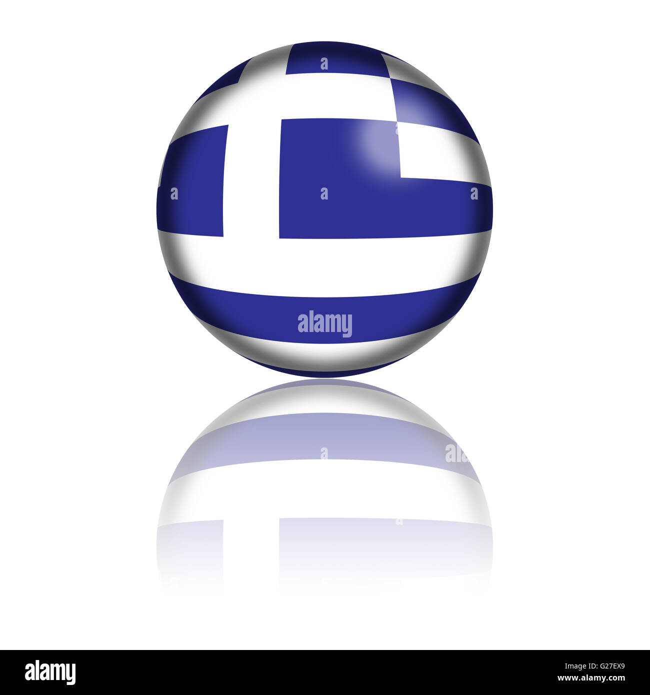 3D Kugel oder Abzeichen von Griechenland Flagge mit Reflexion am Boden. Stockfoto