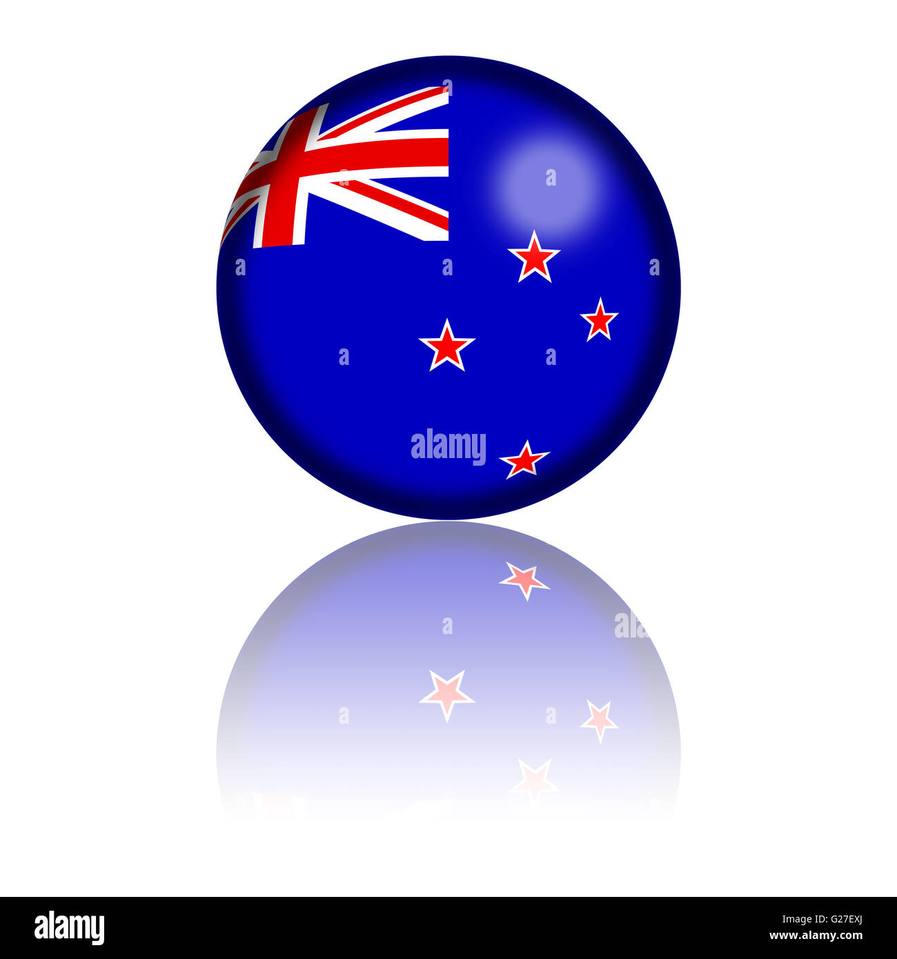 3D Kugel oder Abzeichen von Neuseeland Flagge mit Reflexion am Boden. Stockfoto