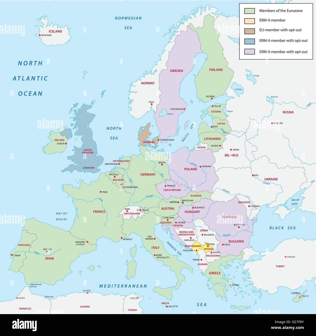 Karte der Mitgliedsländer der Euro-zone Stock Vektor