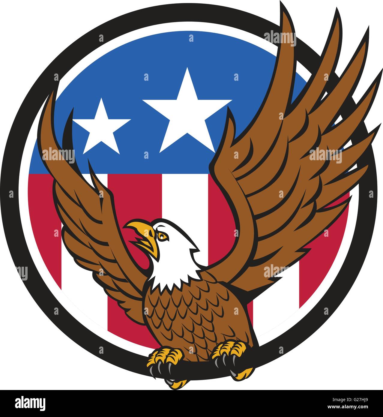 Beispiel für einen Weißkopfseeadler, Blick auf die Seite verbreiten seine Flügel von vorne im inneren Kreis mit Usa amerikanische Flagge gesehen Stock Vektor
