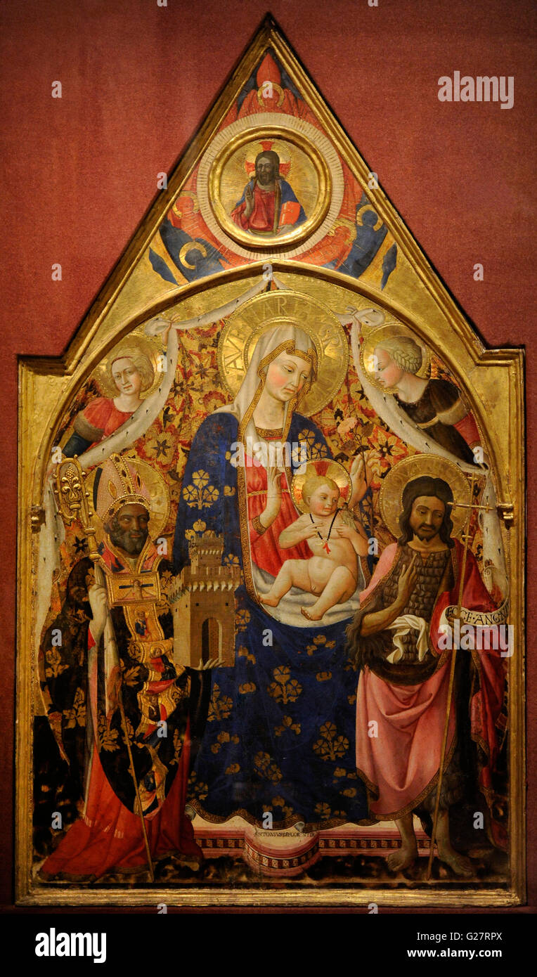 Antonio da Firenze. In der ersten Hälfte des 15. Jahrhunderts aktiv. Italienischer Maler. Florentiner Schule. Madonna mit Kind, mit einem Bischof, Johannes der Täufer und Engel. Oberteil, Christus Segen. Tempera auf Verkleidung. Die Eremitage. Sankt Petersburg. Russland. Stockfoto